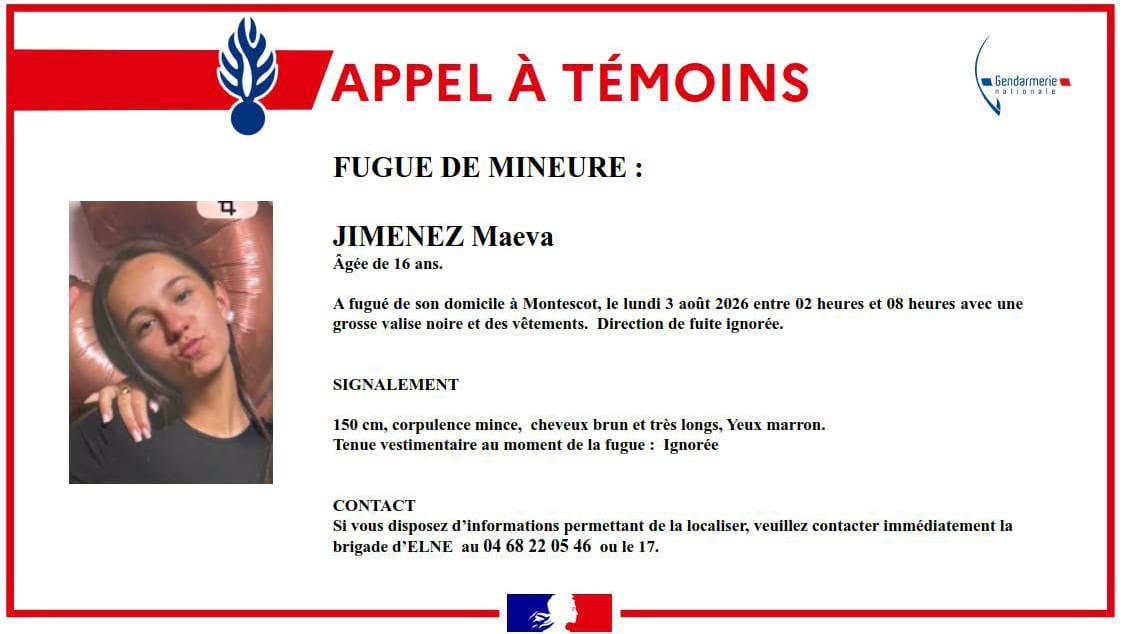 Gendarmerie des Pyrénées-Orientales - Maeva Jimenez a fugué de son domicile ce lundi 3 août