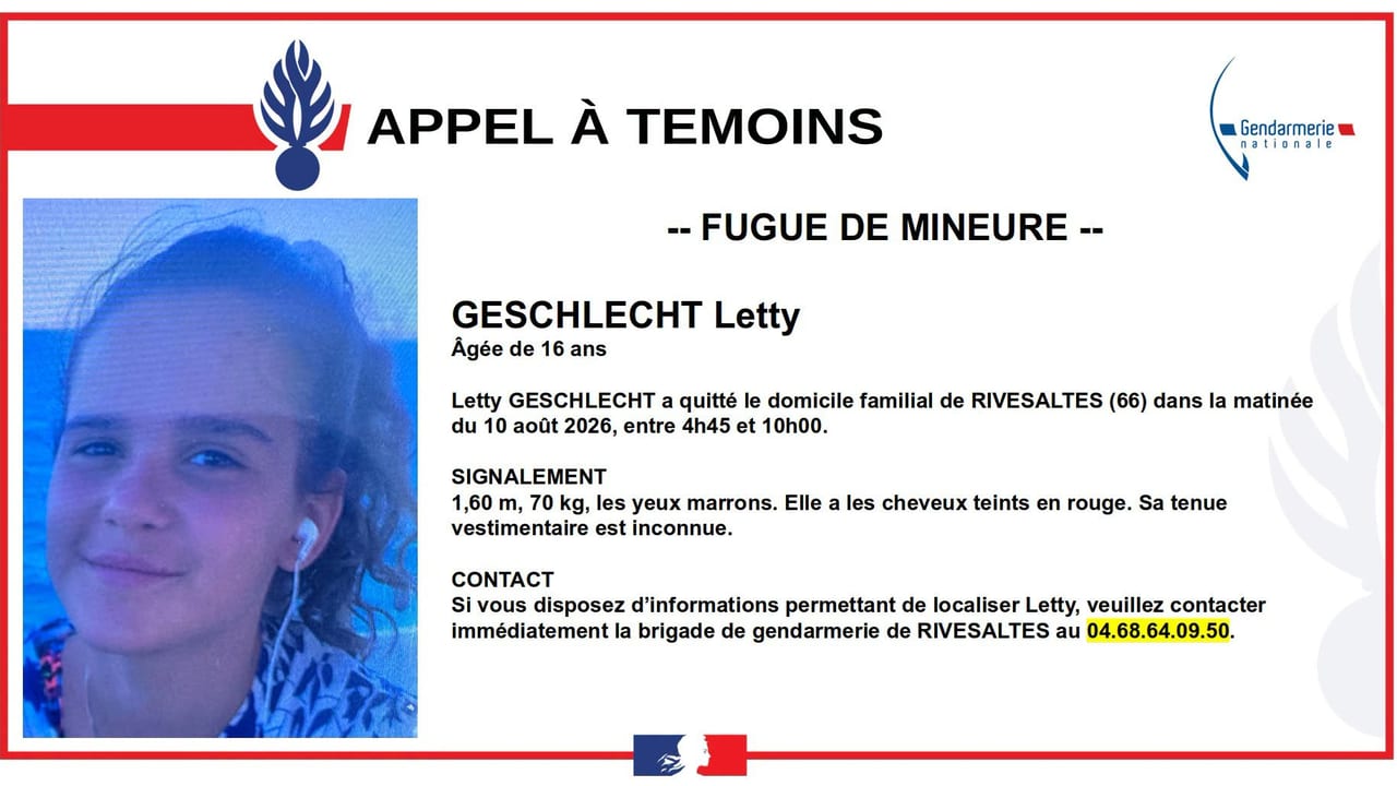 Gendarmerie des Pyrénées Orientales - appel à témoins suite à la seconde fugue de Letty Geschlecht