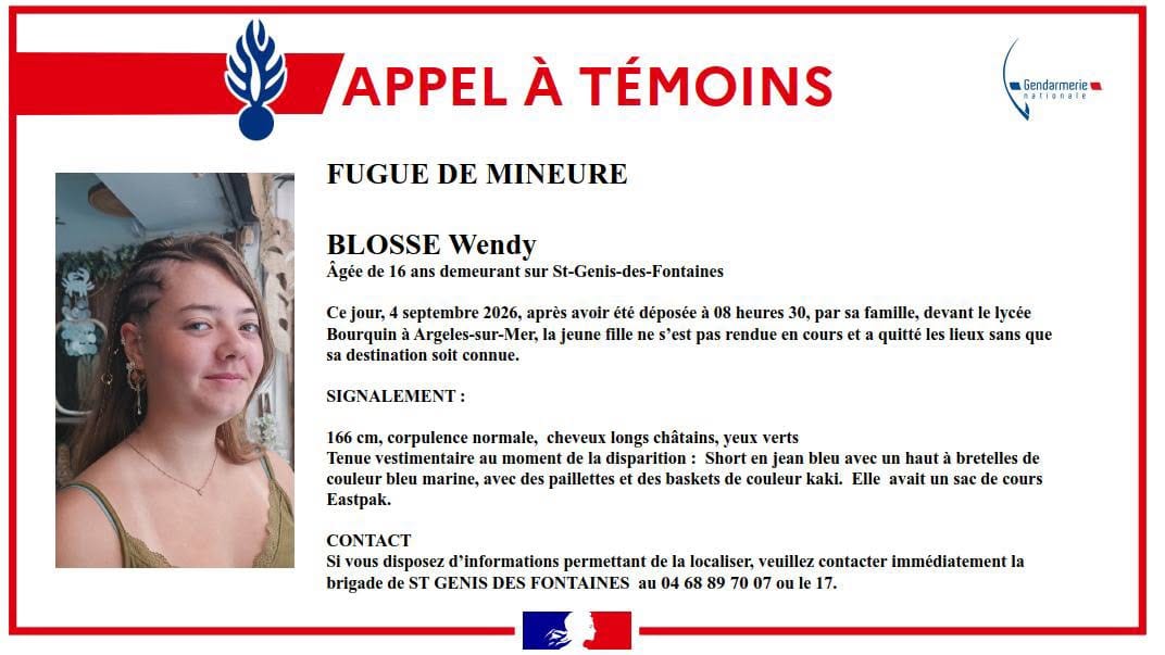 Gendarmerie des Pyrénées-Orientales - Appel à témoins suite à la fugue de Wendy Blosse