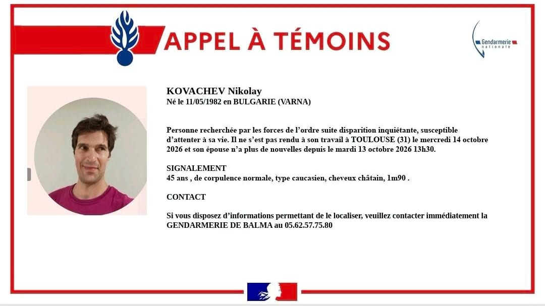 Disparition inquiétante de Nikolay Kovachev - Crédit photo : gendarmerie de la Haute-Garonne