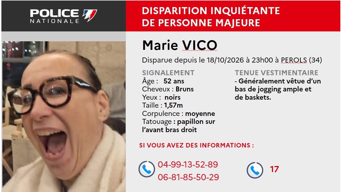 Marie Vico est introuvable depuis le 18 octobre 2026 - Crédit photo : Police Nationale de l'Hérault