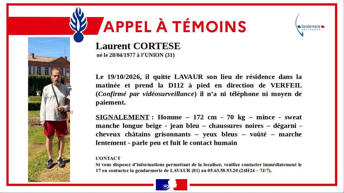 Disparition inquiétante d'un homme de 49 ans - Crédit photo : Gendarmerie du Tarn