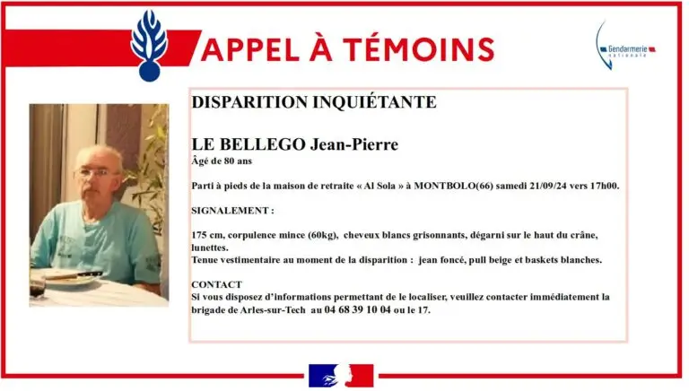 Pyrénées-Orientales : un retraité de 80 ans activement recherché. La gendarmerie lance un appel à témoins